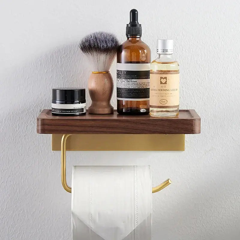 Modern brass & wood toilet paper holder with shelf – bathroom rack