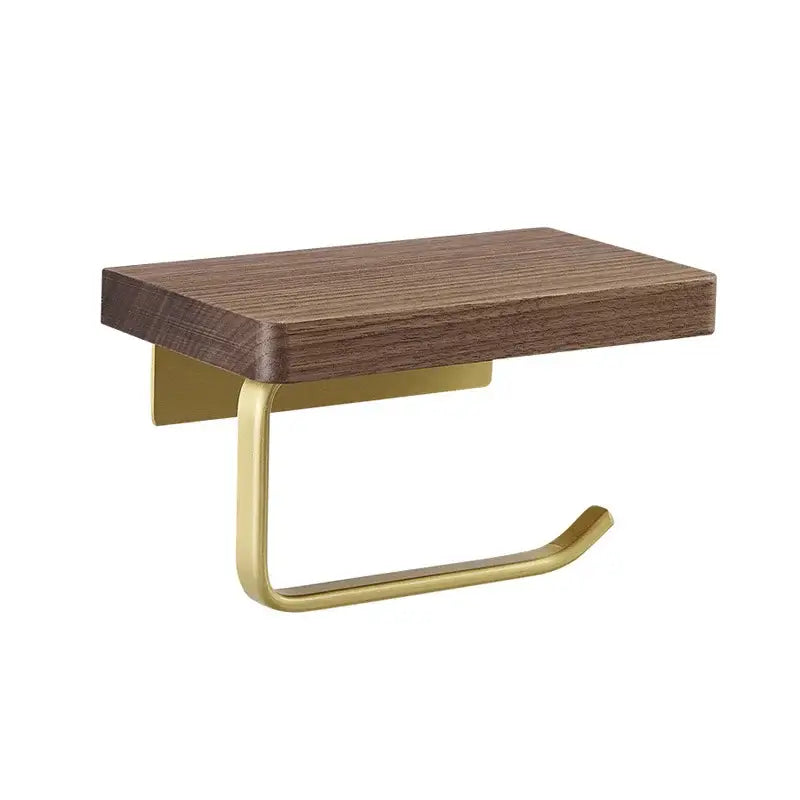 Modern brass & wood toilet paper holder with shelf – bathroom rack