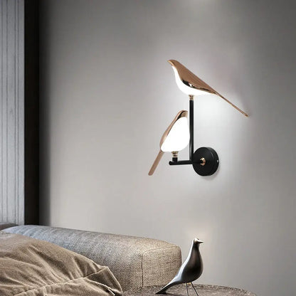 Modern bronze bird wall light pair – living room warm glass sconces