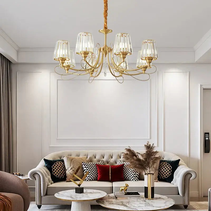 Modern bronze villa copper chandelier living room ribbed glass light