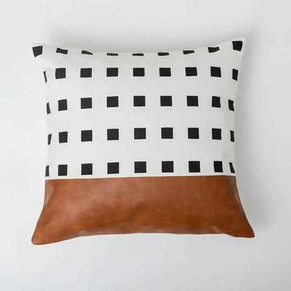 Modern brown faux leather and geometric pillow cover living room