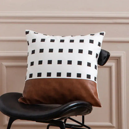 Modern brown faux leather and geometric pillow cover living room