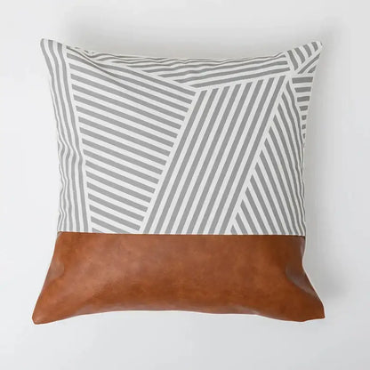 Modern brown faux leather and geometric pillow cover living room
