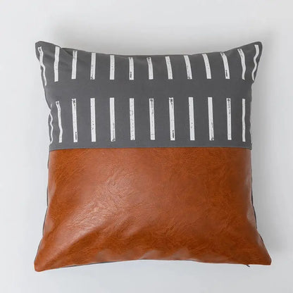 Modern brown faux leather and geometric pillow cover living room
