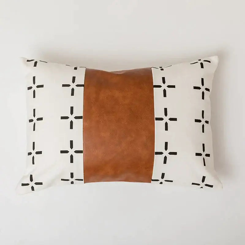 Modern brown faux leather and geometric pillow cover living room