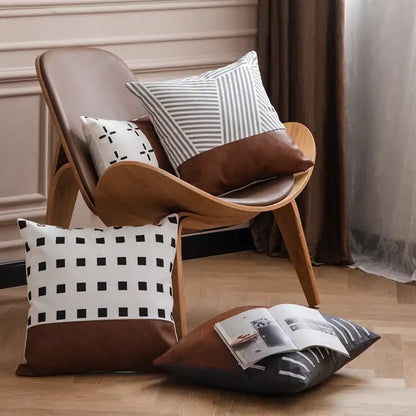 Modern brown faux leather and geometric pillow cover living room