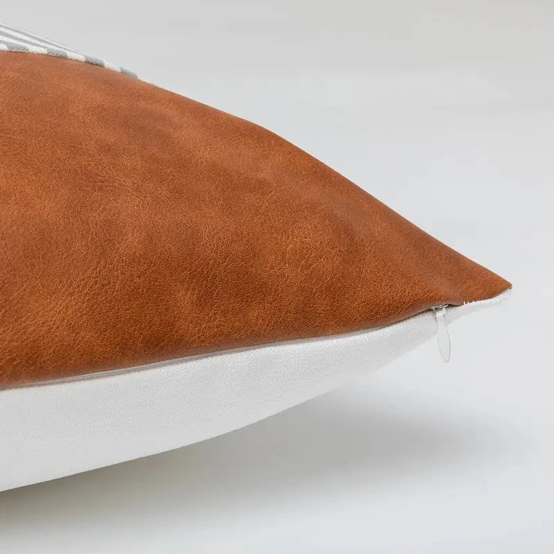 Modern brown faux leather and geometric pillow cover living room