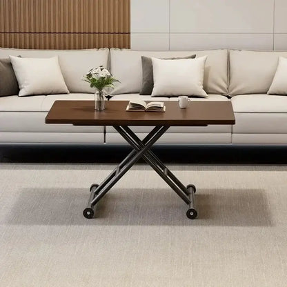 Modern brown wood adjustable coffee table living room caster wheels