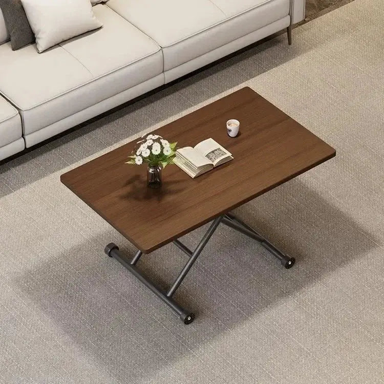 Modern brown wood adjustable coffee table living room caster wheels