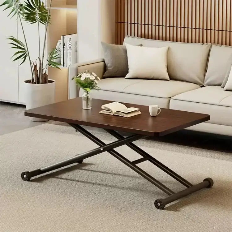 Modern brown wood adjustable coffee table living room caster wheels