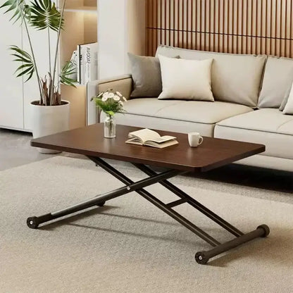 Modern brown wood adjustable coffee table living room caster wheels