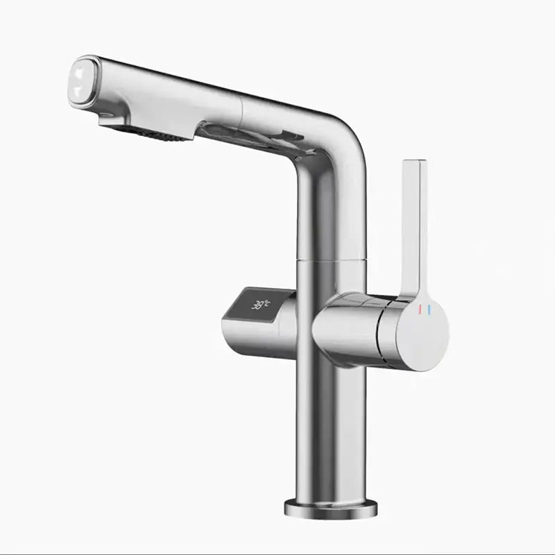 Modern brushed brass basin faucet with digital display bathroom tap