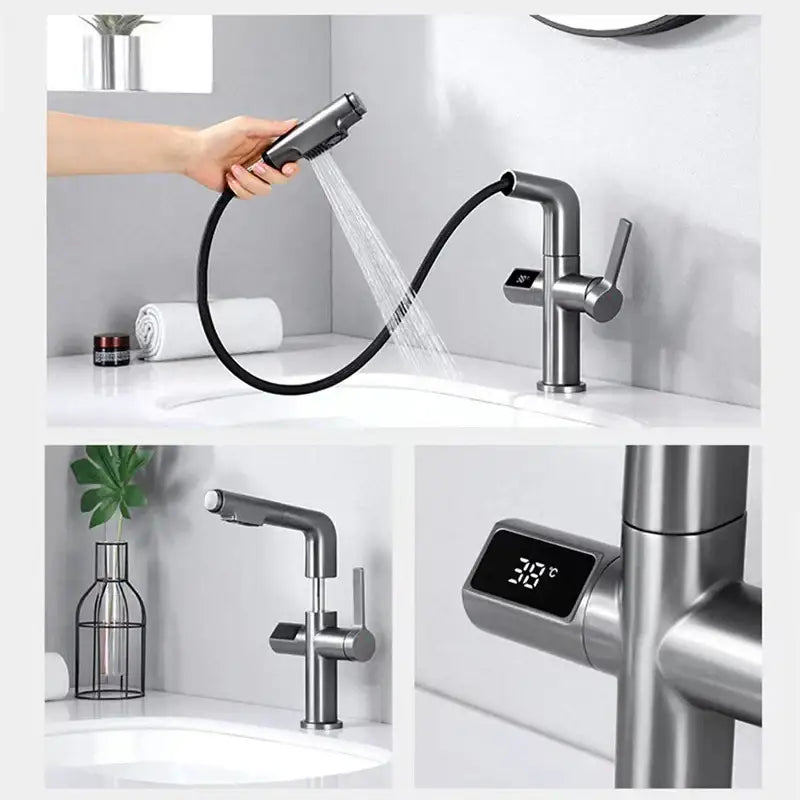Modern brushed brass basin faucet with digital display bathroom tap