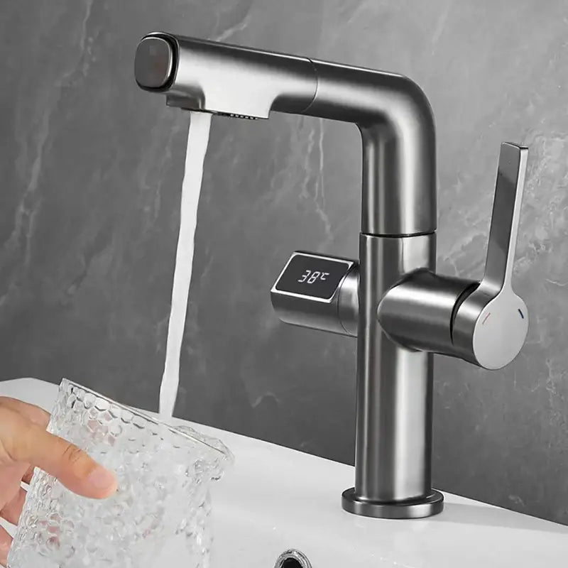 Modern brushed brass basin faucet with digital display bathroom tap