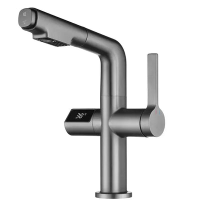 Modern brushed brass basin faucet with digital display bathroom tap