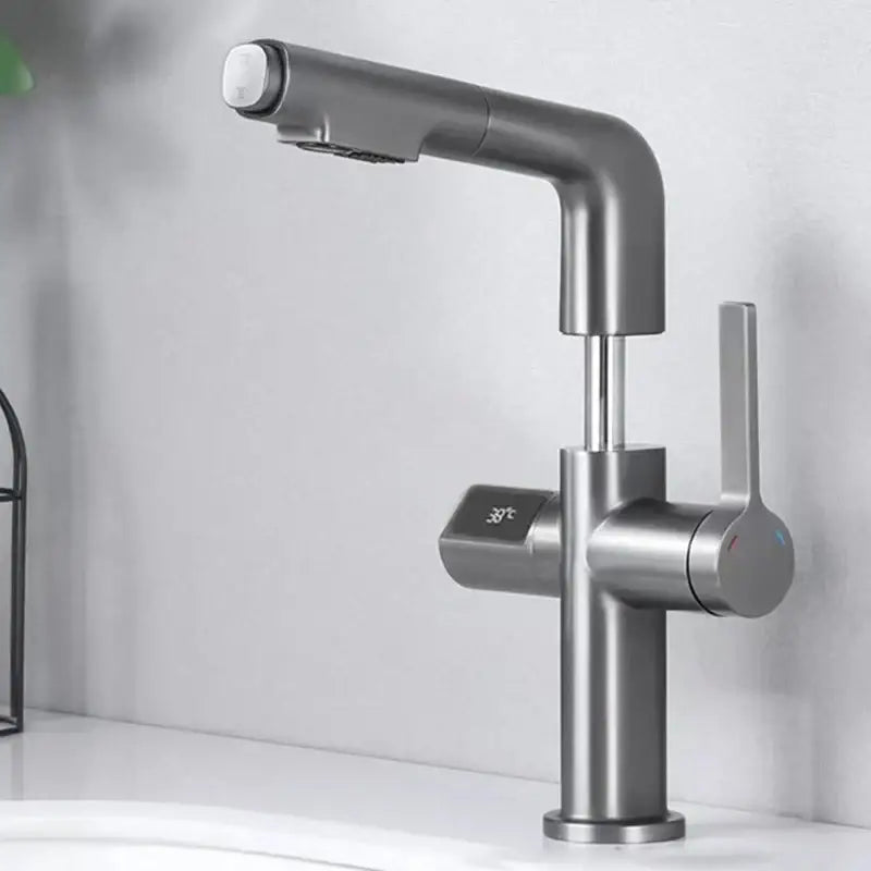 Modern brushed brass basin faucet with digital display bathroom tap