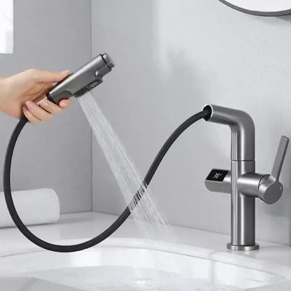 Modern brushed brass basin faucet with digital display bathroom tap