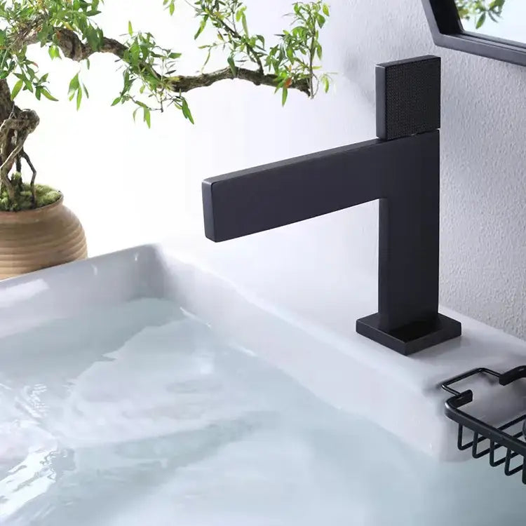 Modern brushed gold basin faucet bathroom textured square handle