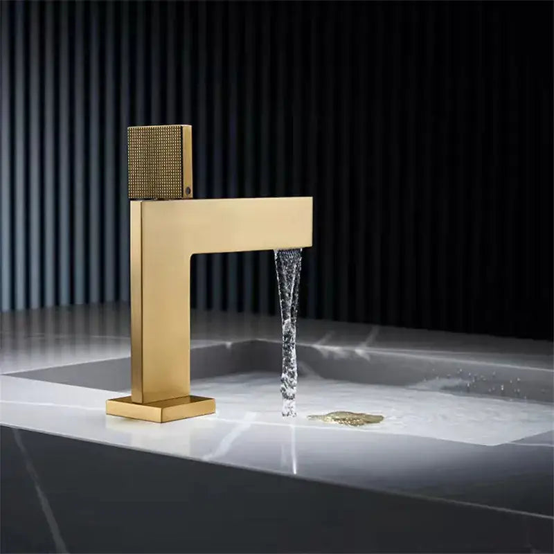 Modern brushed gold basin faucet bathroom textured square handle