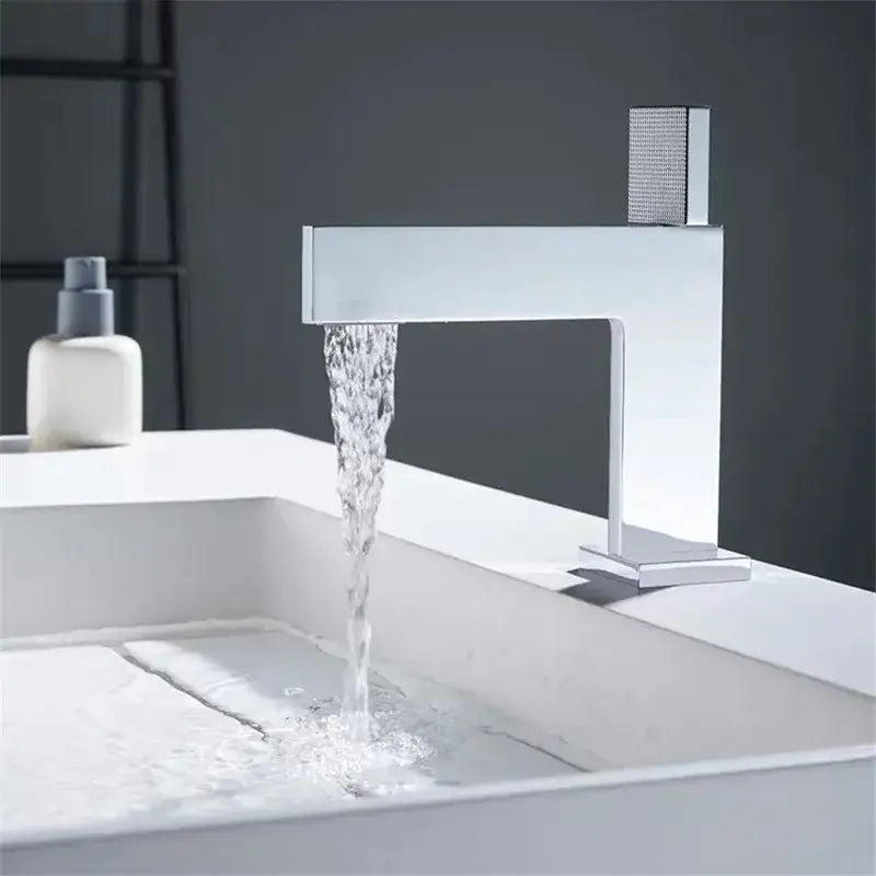 Modern brushed gold basin faucet bathroom textured square handle