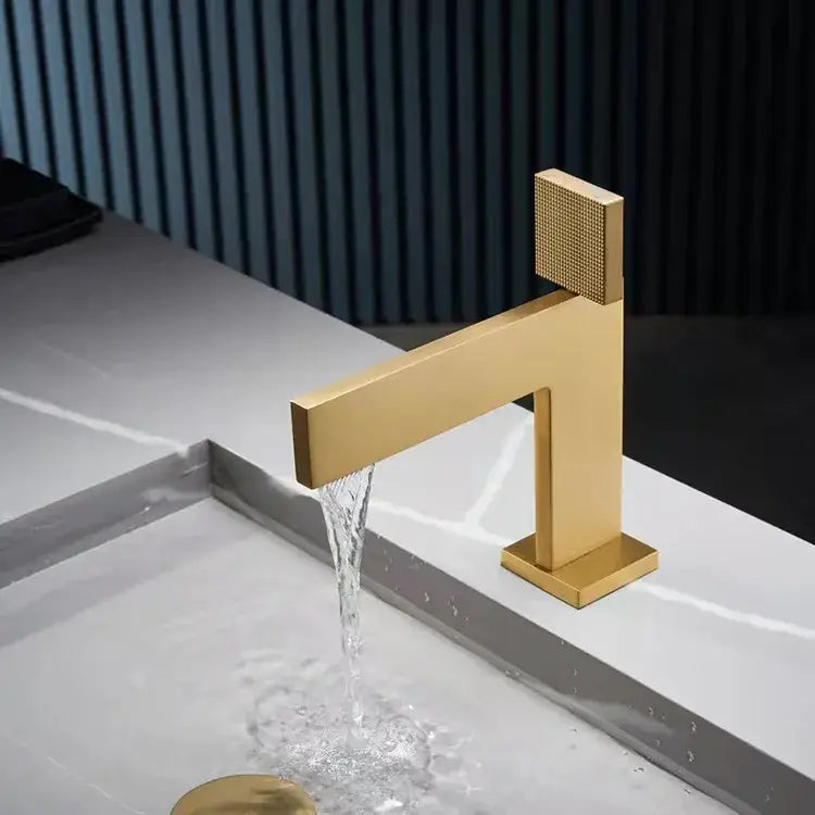 Modern brushed gold basin faucet bathroom textured square handle