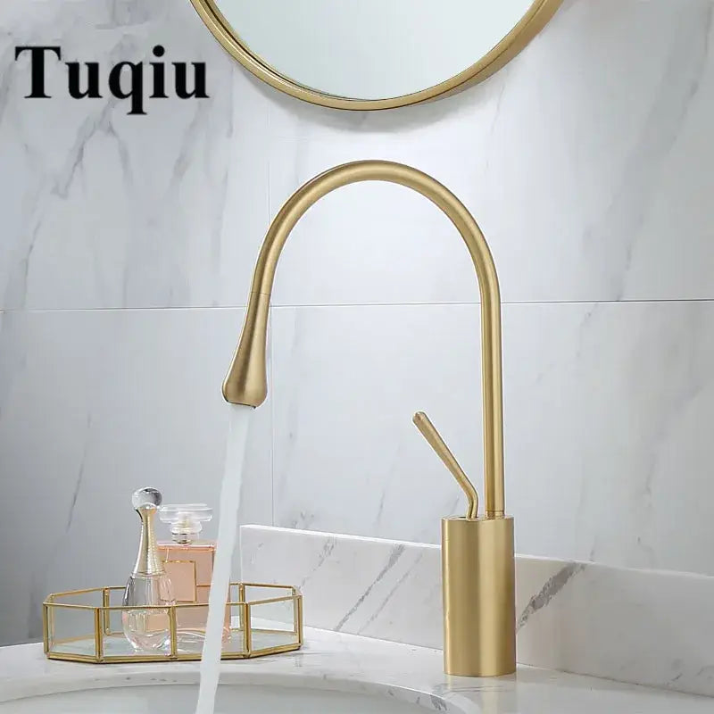 Modern brushed gold basin faucet with swivel spout for bathroom