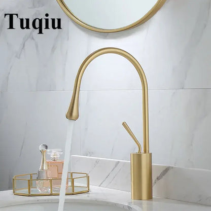 Modern brushed gold basin faucet with swivel spout for bathroom