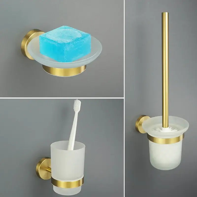 Modern brushed gold bathroom accessories set with frosted glass