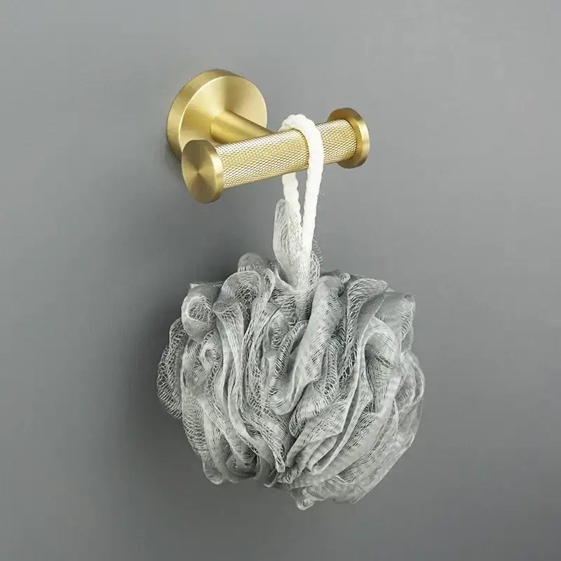 Modern brushed gold bathroom accessories set with frosted glass
