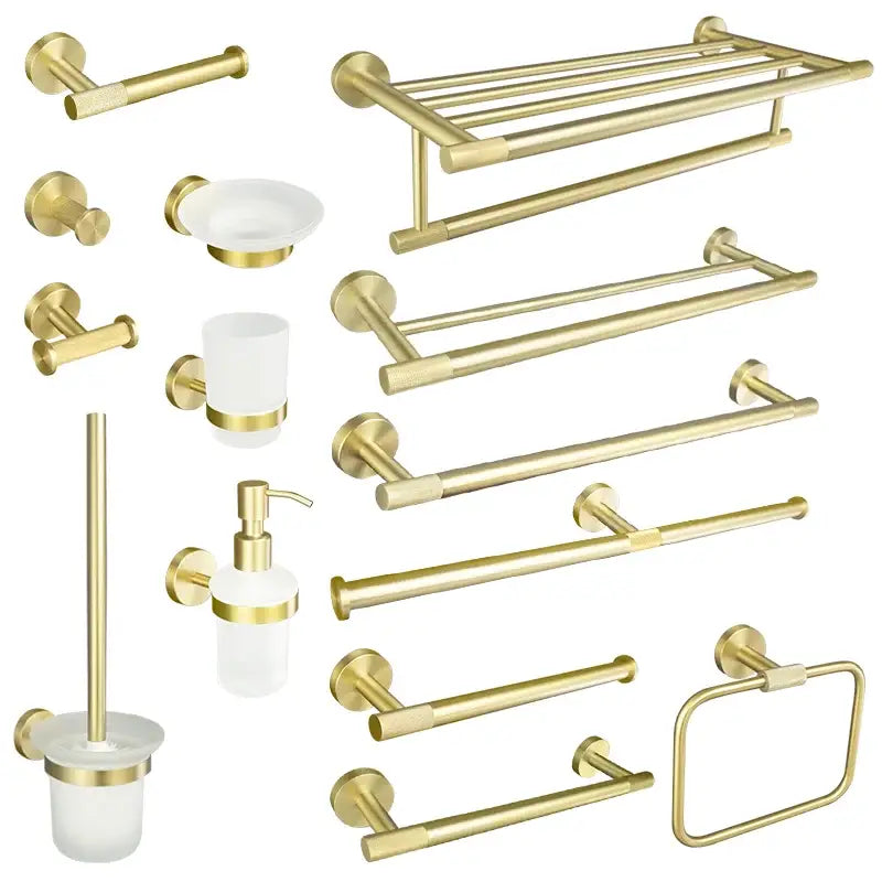 Modern brushed gold bathroom accessories set with frosted glass