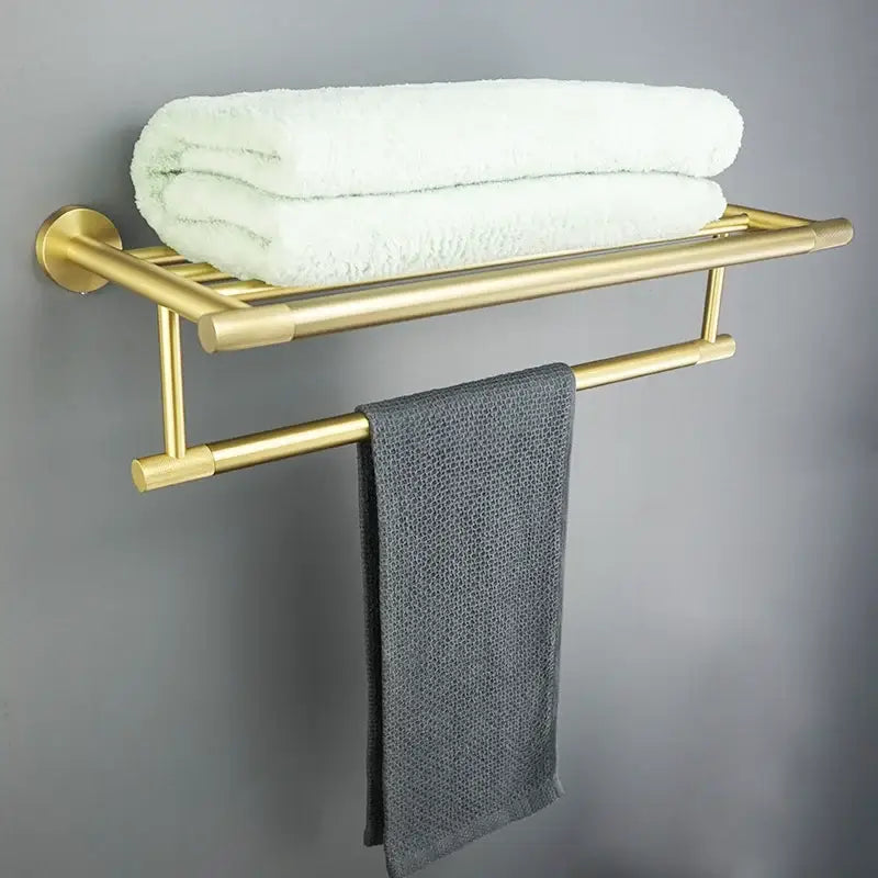Modern brushed gold bathroom accessories set with frosted glass