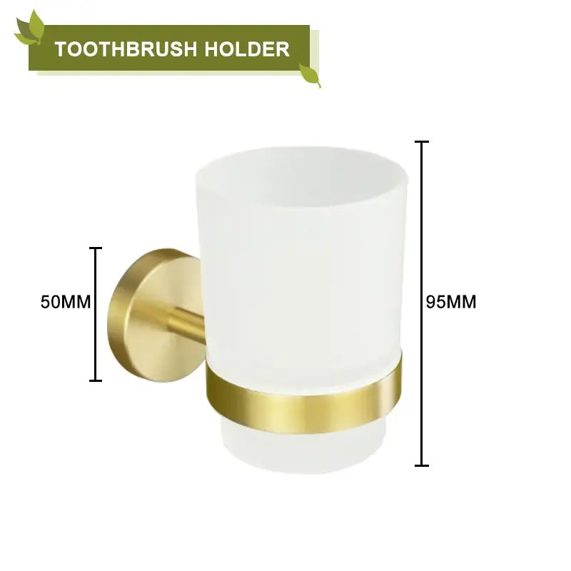 Modern brushed gold bathroom accessories set with frosted glass