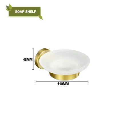 Modern brushed gold bathroom hardware set with glass soap dish