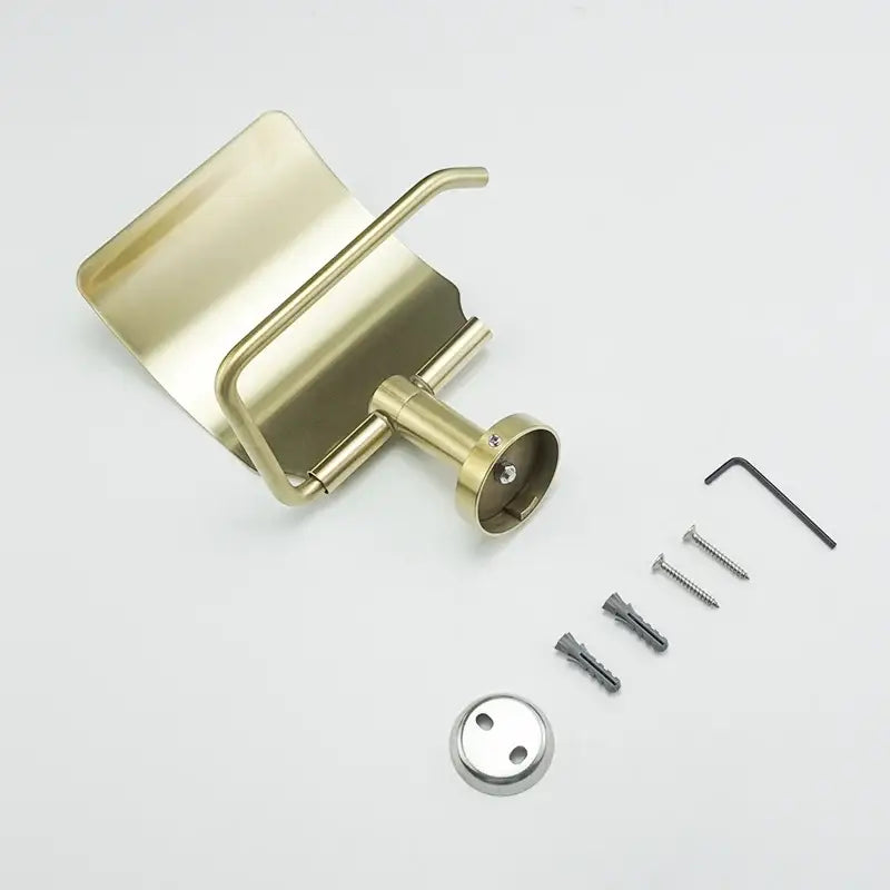 Modern brushed gold bathroom hardware set with glass soap dish