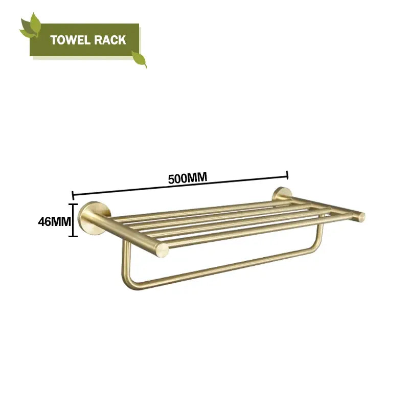 Modern brushed gold bathroom hardware set with glass soap dish