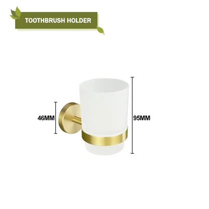 Modern brushed gold bathroom hardware set with glass soap dish