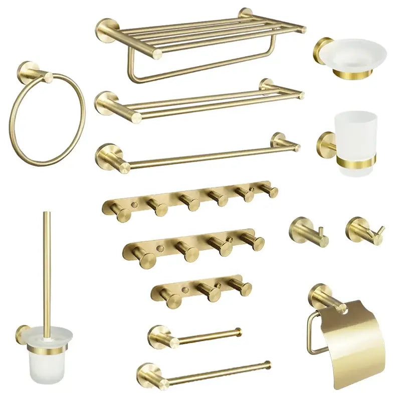 Modern brushed gold bathroom hardware set with glass soap dish