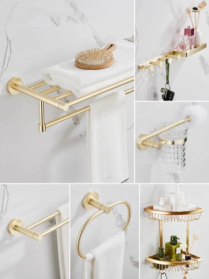Modern brushed gold bathroom hardware set with multi bar towel rack