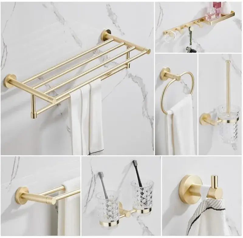 Modern brushed gold bathroom hardware set with multi bar towel rack