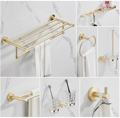 Modern brushed gold bathroom hardware set with multi bar towel rack