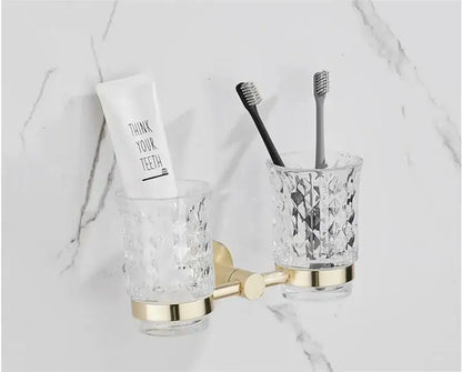 Modern brushed gold bathroom hardware set with multi bar towel rack
