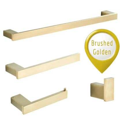 Modern brushed gold bathroom hardware set with rectangular rails