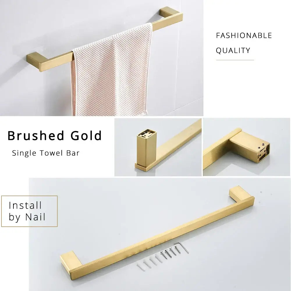Modern brushed gold bathroom hardware set with rectangular rails
