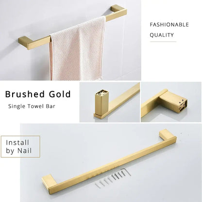 Modern brushed gold bathroom hardware set with rectangular rails