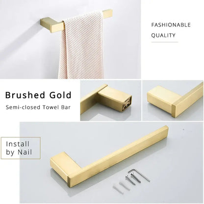 Modern brushed gold bathroom hardware set with rectangular rails
