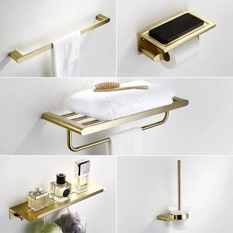 Modern brushed gold bathroom hardware set with shelf and phone holder