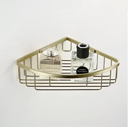 Modern brushed gold bathroom hardware set with shelf and phone holder