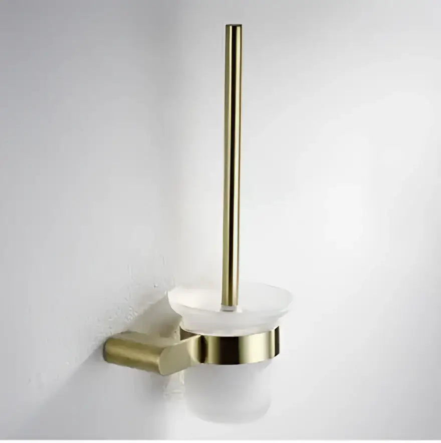 Modern brushed gold bathroom hardware set with shelf and phone holder