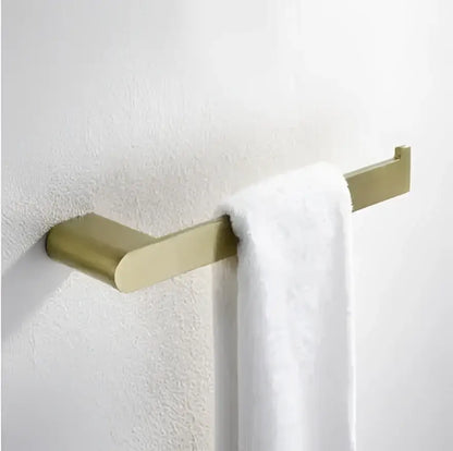 Modern brushed gold bathroom hardware set with shelf and phone holder