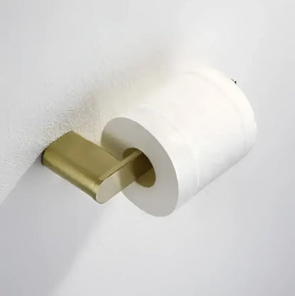 Modern brushed gold bathroom hardware set with shelf and phone holder